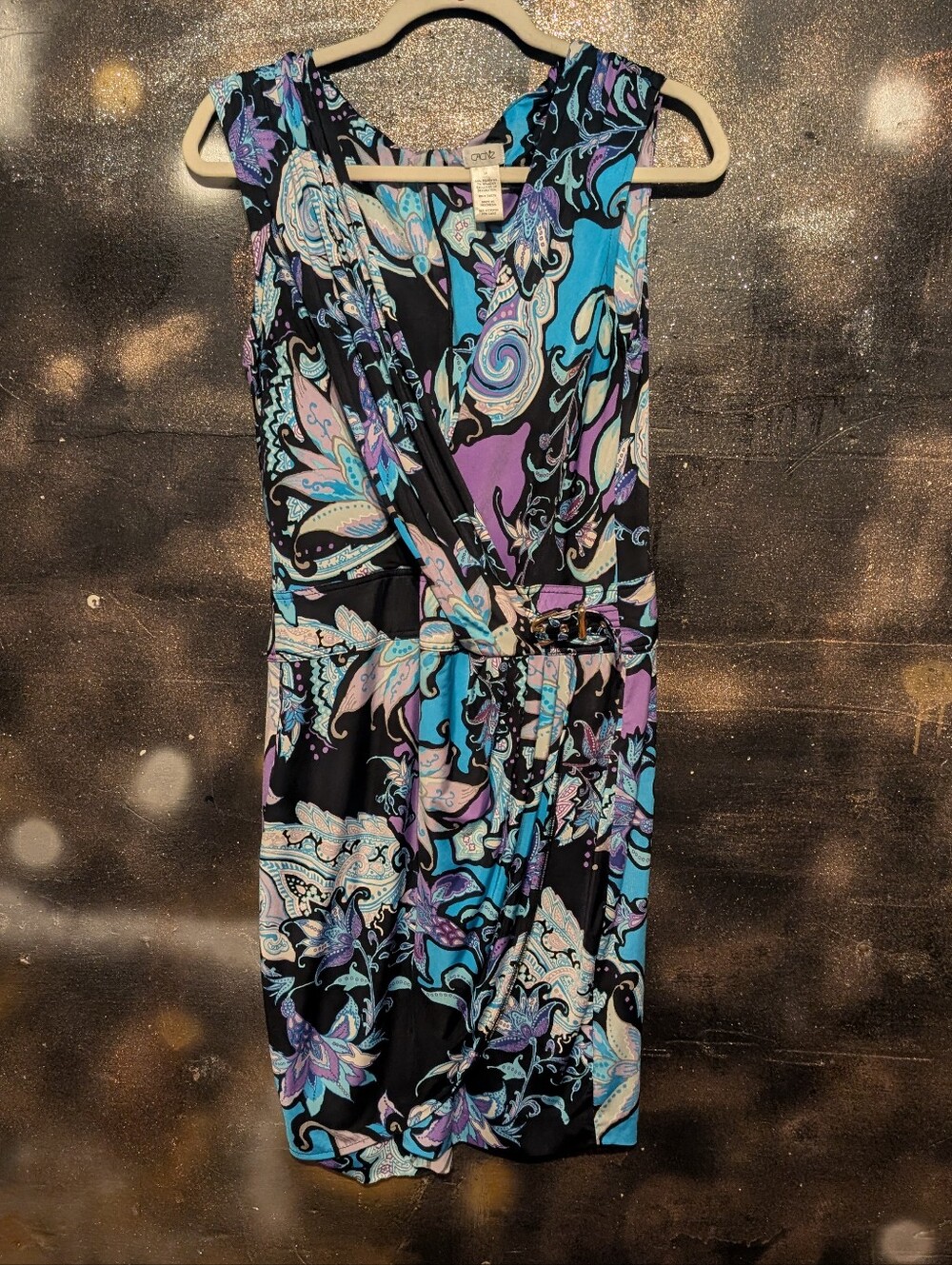 Cache Paisley Wrap Midi Dress in Black, Teal & Purple